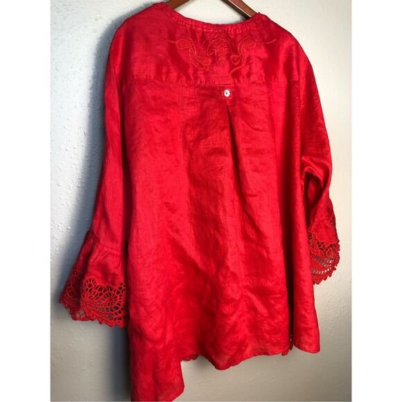 John Mark Scottsdale Classic Red LINEN/LACE Embroidered Blouse Tunic S Bell Slee - Picture 6 of 16